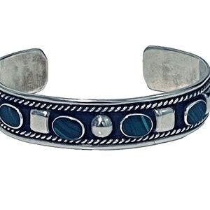 Taxco Mexico Sterling Silver Malachite Cuff Bracelet 1970's